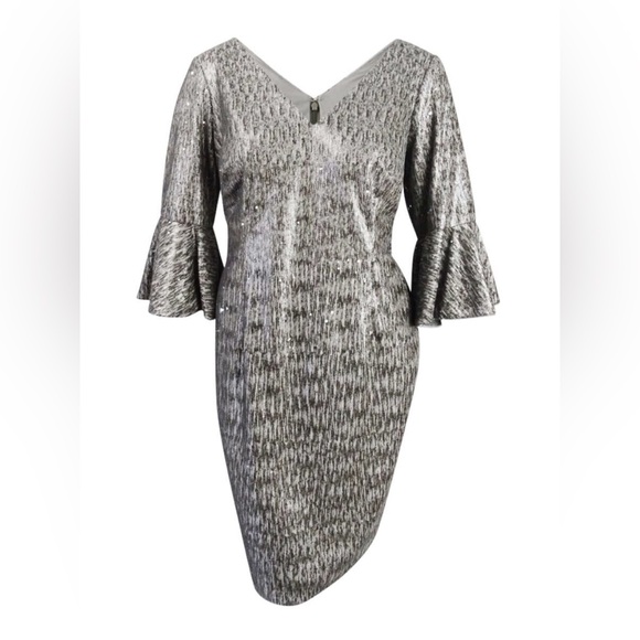 Adrianna Papell Dresses & Skirts - Adrianna Papell Bell Sleeve Sequence Silver Dress Size 8P